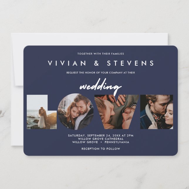 Modern Navy Blue Minimalist Love Photos Wedding Invitation (Front)