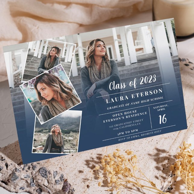 Modern navy blue minimalist photo graduation invitation (Creator Uploaded)
