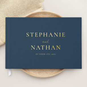 Modern Navy Blue Minimalist Wedding Gold Guest Book