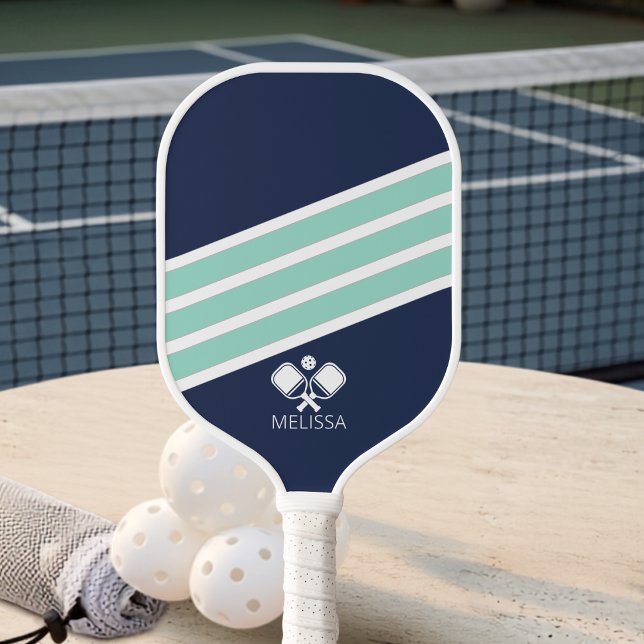 Modern Navy Blue Mint White Stripes Monogram   Pickleball Paddle (Creator Uploaded)