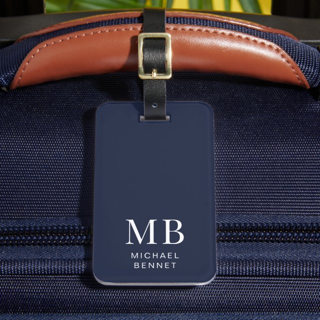 Modern Navy Blue Monogram Luggage Tag (Front Insitu 2)