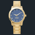 Modern Navy Blue Monogram Oversized Gold Bracelet Watch<br><div class="desc">Custom, personalised, unisex, elegant faux gold monogrammed on dark navy blue colour dial, luxurious oversized gold tone stainless steel bracelet wrist watch. Simply type in your initials / monogram, to customise. Go ahead create a wonderful, custom watch for the special men and women in your life - mum, dad, bride,...</div>