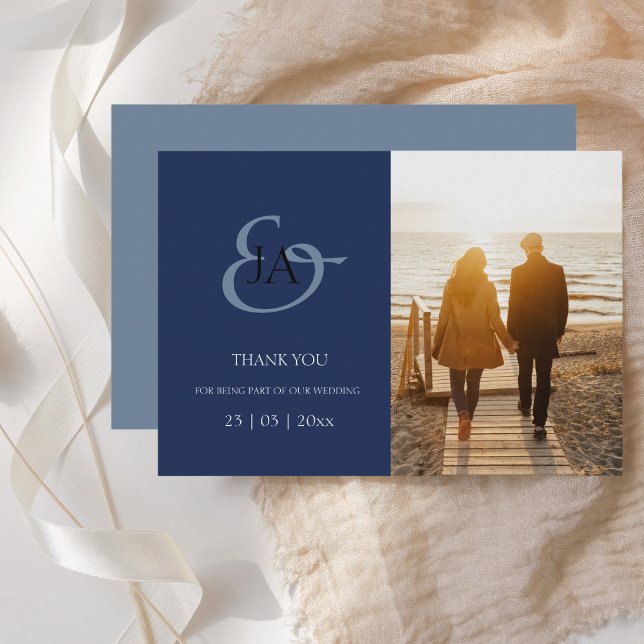 Modern Navy Blue Monogram Photo Wedding Thank You (Creator Uploaded)