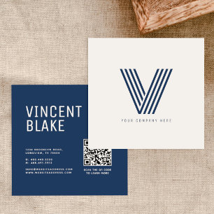 Modern Navy Blue Monogram QR Code Professional Square Business Card