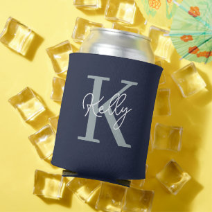 Modern Navy Blue Monogram Script Can Cooler
