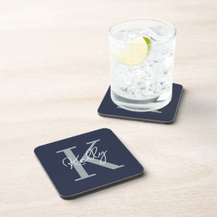 Modern Navy Blue Monogram Script Coaster