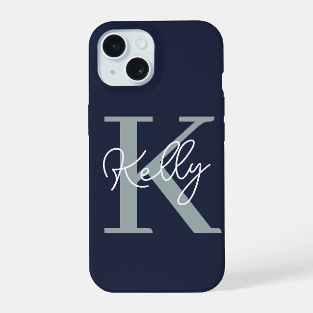 Modern Navy Blue Monogram Script iPhone 15 Case (Back)