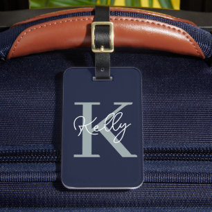 Modern Navy Blue Monogram Script Luggage Tag