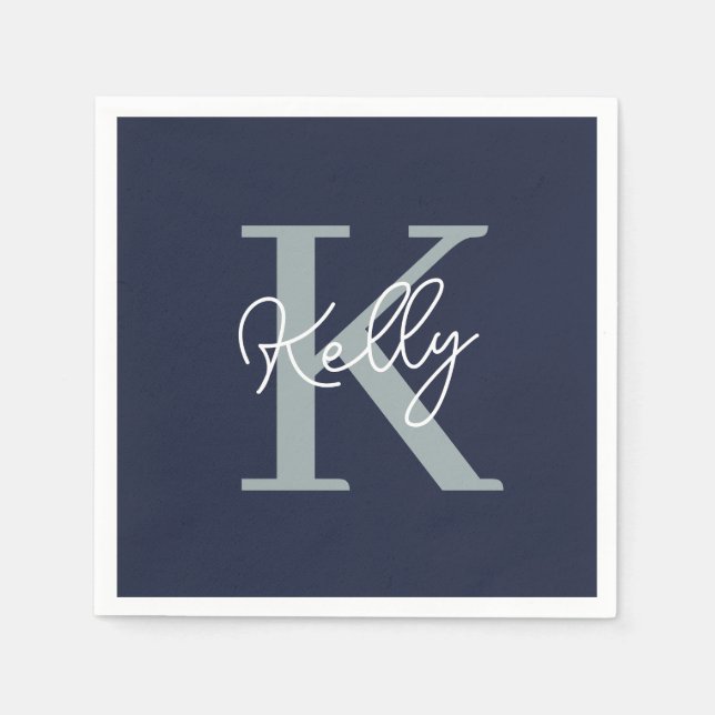 Modern Navy Blue Monogram Script Napkin (Front)
