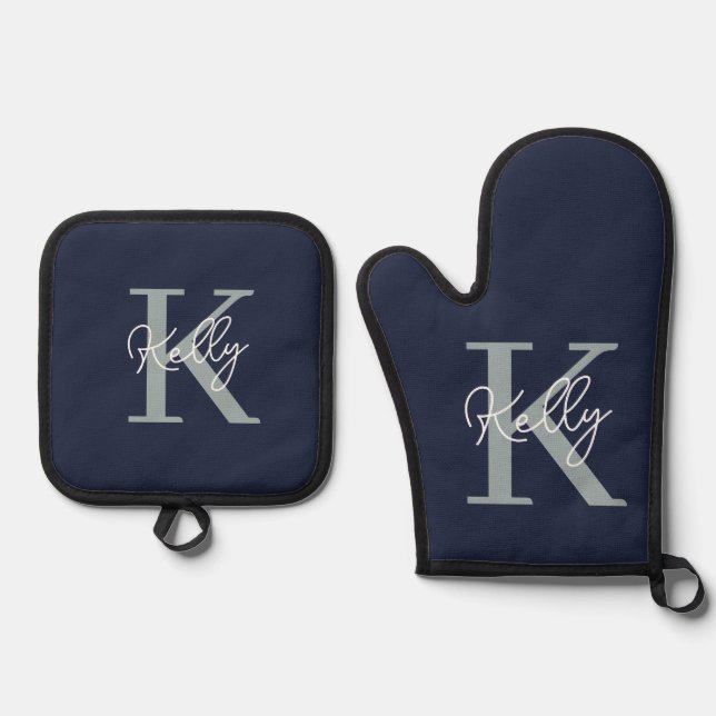 Modern Navy Blue Monogram Script Oven Mitt & Pot Holder Set (Front)