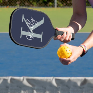 Modern Navy Blue Monogram Script Pickleball Paddle