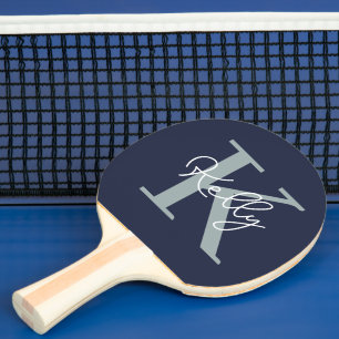 Modern Navy Blue Monogram Script Ping Pong Paddle
