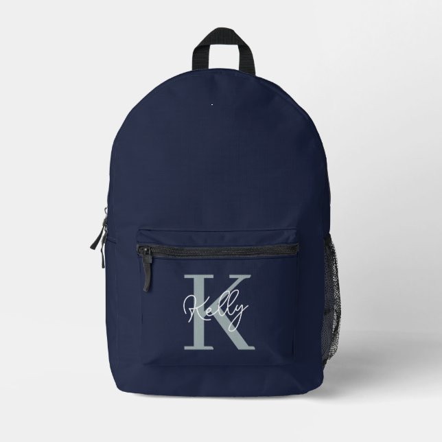 Modern Navy Blue Monogram Script Printed Backpack (Front)