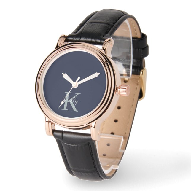 Modern Navy Blue Monogram Script Watch (Angle)