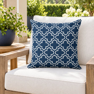 Modern Navy Blue Moroccan Quatrefoil Pattern Cushion