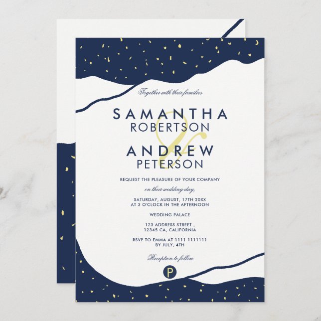 Modern navy blue mountains yellow dots wedding invitation (Front/Back)