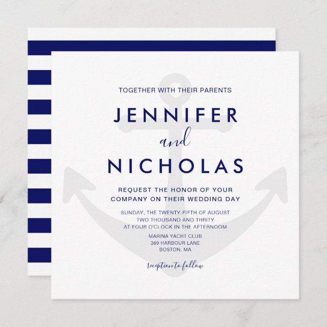 Modern Navy Blue Nautical Anchor Wedding Invitation (Front/Back)