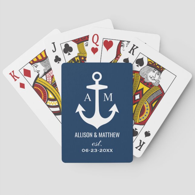 Modern Navy Blue Nautical Anchor Wedding Monogram Playing Cards (Back)