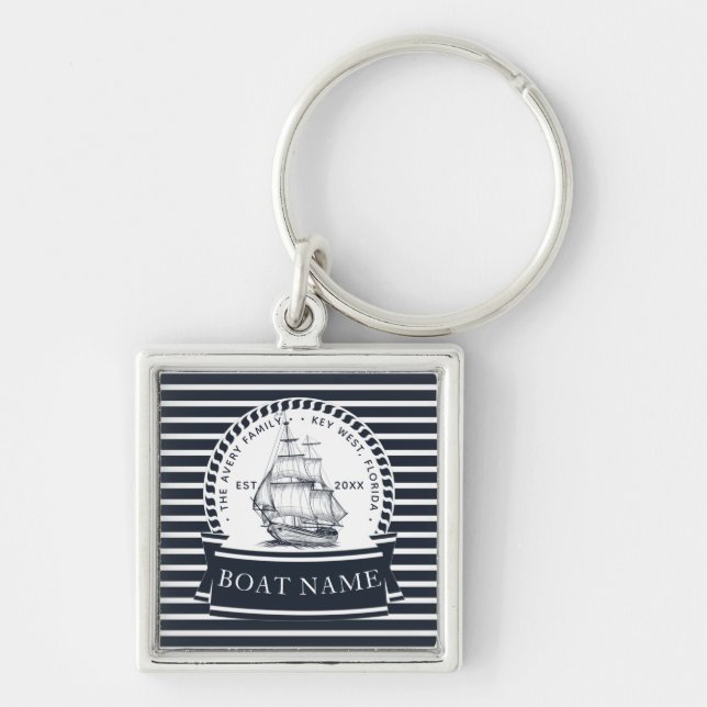 Modern Navy Blue Nautical Boat Name Key Ring (Front)