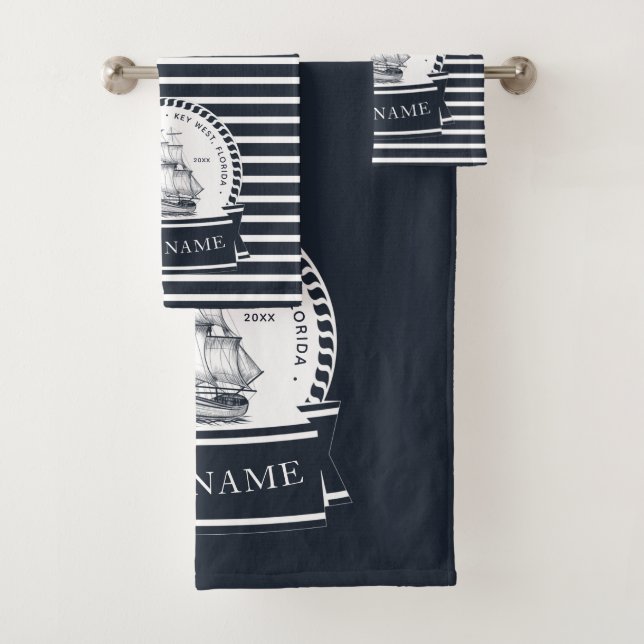 Modern Navy Blue Nautical Personalised Boat Bath Towel Set (Insitu)