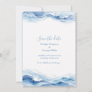 Modern Navy Blue Ocean Wave marble Wedding Invitation