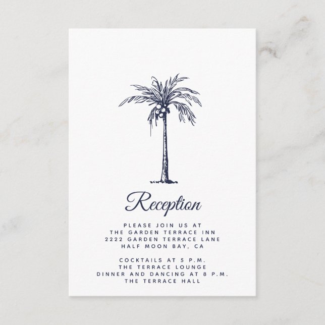 Modern Navy Blue Palm Beach Wedding Reception Enclosure Card (Front)