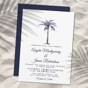 Modern Navy Blue Palm Tree Tropical Beach Wedding Invitation
