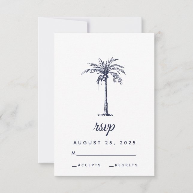 Modern Navy Blue Palm Tree Tropical Beach Wedding RSVP Card (Front)
