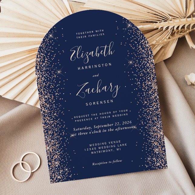 Modern Navy Blue Peach Glitter Arch Wedding Invitation (Creator Uploaded)