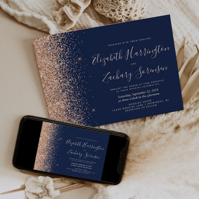 Modern Navy Blue Peach Glitter Wedding Invitation (Creator Uploaded)