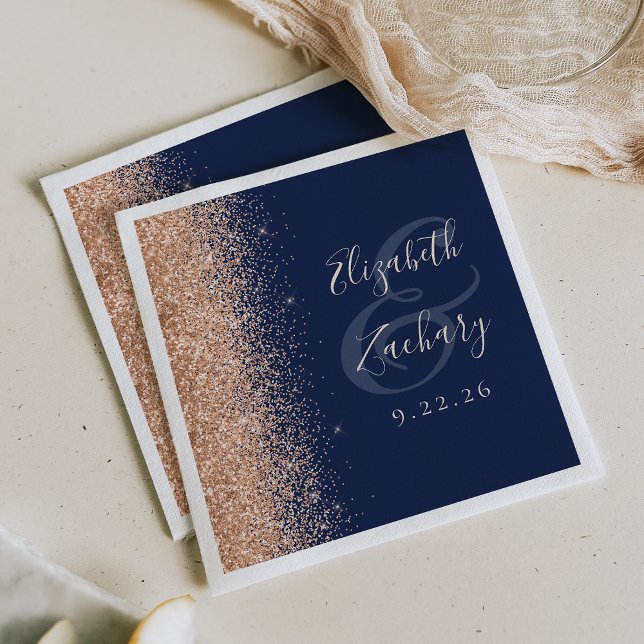 Modern Navy Blue Peach Glitter Wedding Napkin (Creator Uploaded)