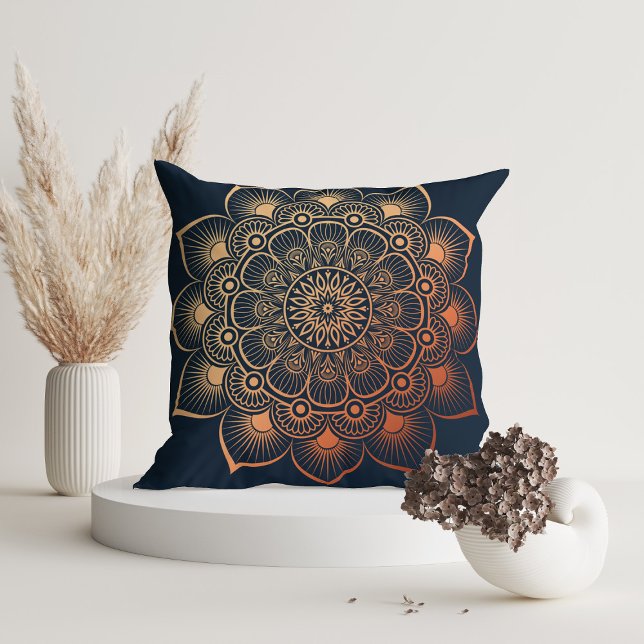 Modern Navy Blue Peach Mandala Cushion (Modern Navy Blue Peach Mandala Throw Pillow in a white room with dry flowers)
