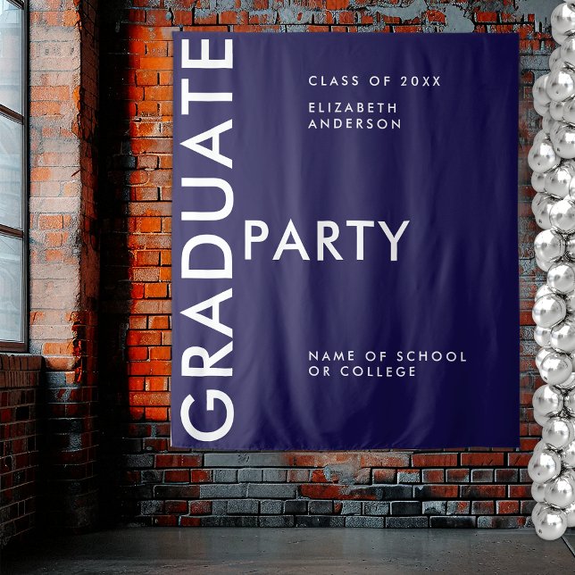 Modern Navy Blue Personalise Graduation Backdrop Tapestry (Creator Uploaded)