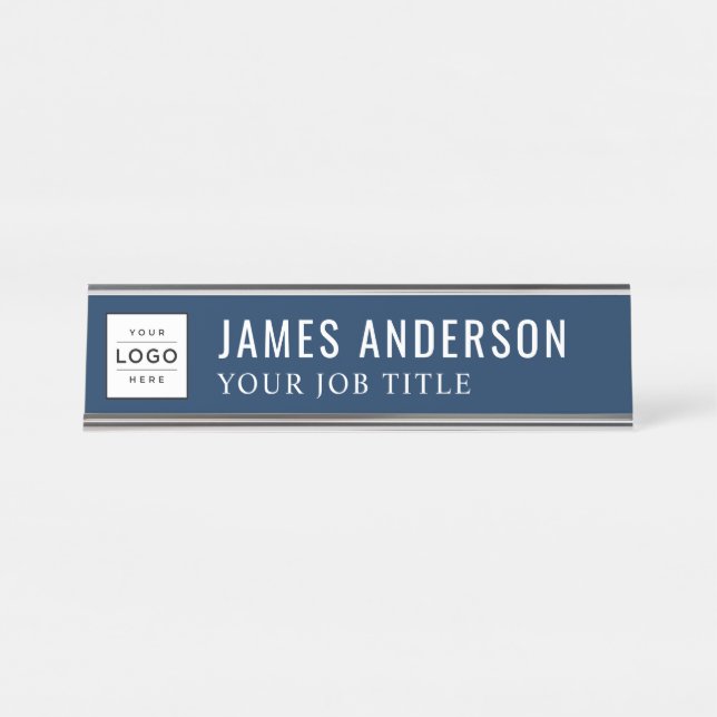 Modern Navy Blue Personalised Business Logo Desk Name Plate (Front)