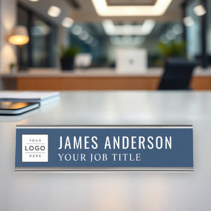 Modern Navy Blue Personalised Business Logo Desk Name Plate