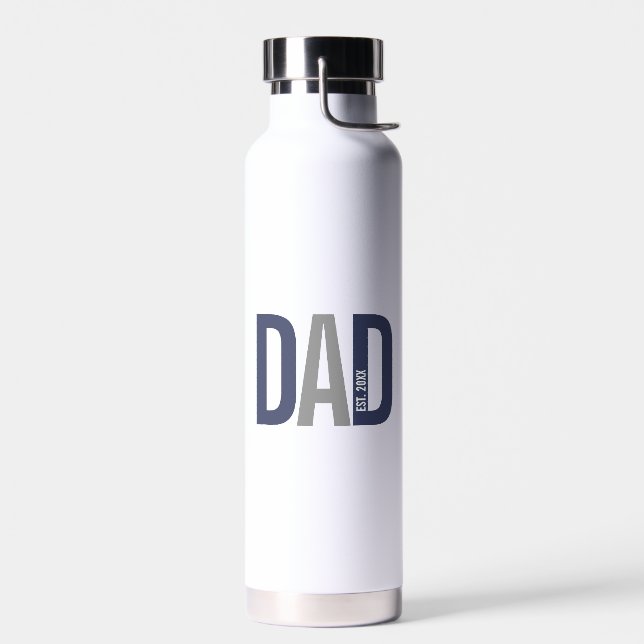 Modern Navy Blue Personalised Dad Established Water Bottle (Left)