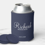 Modern Navy Blue Personalised Groomsman Can Cooler<br><div class="desc">Personalised Groomsman Gifts
featuring personalised groomsman's name in white modern script font style with title and wedding date in modern sans serif font style on navy blue background.

Also perfect for best man,  father of the bride,  bridesmaid,  maid of honour,  mother of the bride and more.</div>