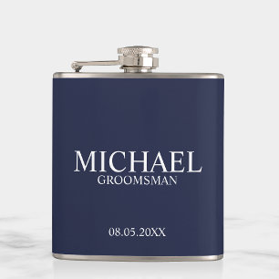 Modern Navy Blue Personalised Groomsman Hip Flask