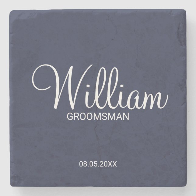 Modern Navy Blue Personalised Groomsman Stone Coaster (Front)