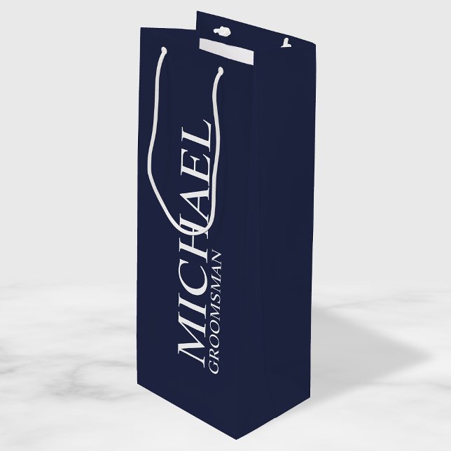 Modern Navy Blue Personalised Groomsman Wine Gift Bag (Creator Uploaded)