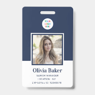 Modern Navy Blue Photo Barcode Business Logo Name ID Badge