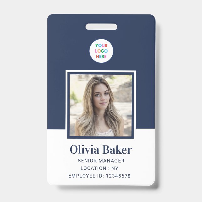 Modern Navy Blue Photo Barcode Business Logo Name ID Badge (Front)