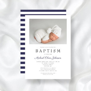 Modern Navy Blue Photo Boy Baptism Invitation