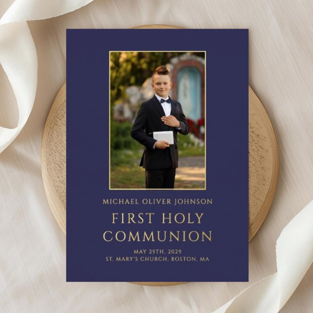 Modern Navy Blue Photo Boy First Communion Gold (Modern Navy Blue Photo Boy First Communion Gold Foil Invitation)