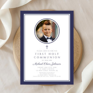 Modern Navy Blue Photo Boy First Communion Invitation