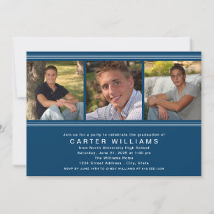 Modern Navy Blue Photo Collage Graduation Party Invitation