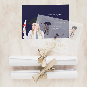 Modern Navy Blue Photo Collage Graduation Vellum Invitations