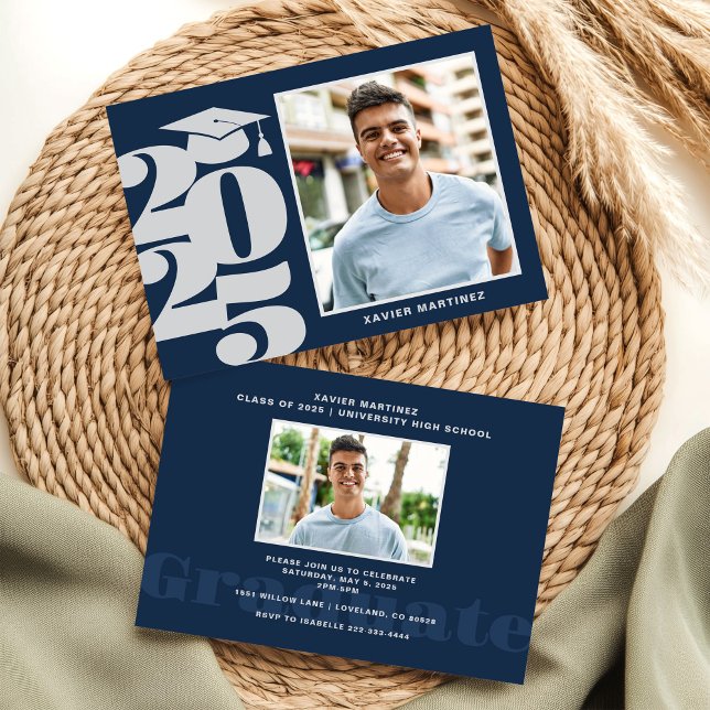 Modern Navy Blue Photo Graduation Party Invitation (Creator Uploaded)