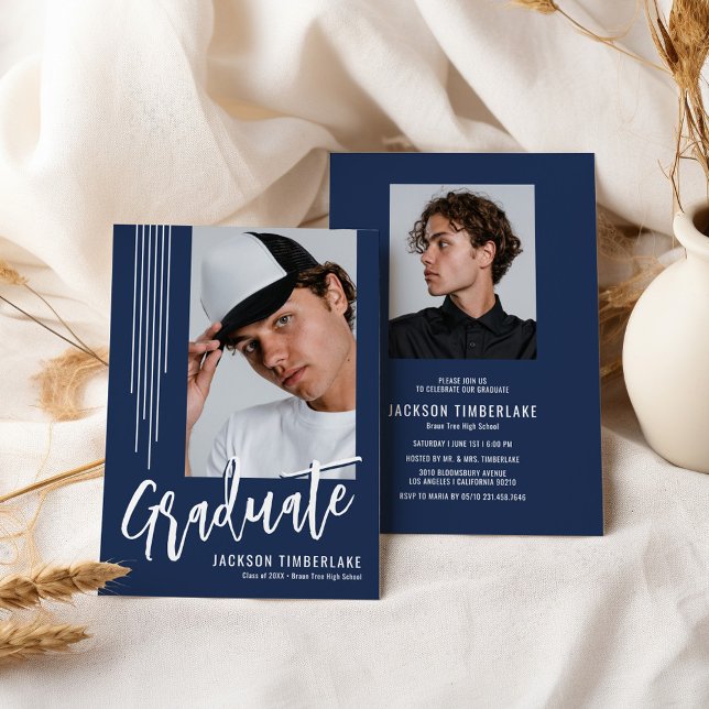 Modern Navy Blue Photo Graduation Party Invitation (Creator Uploaded)