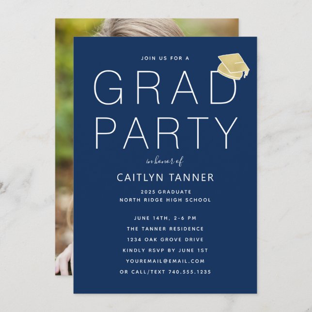 Modern Navy Blue Photo Graduation Party Invitation (Front/Back)